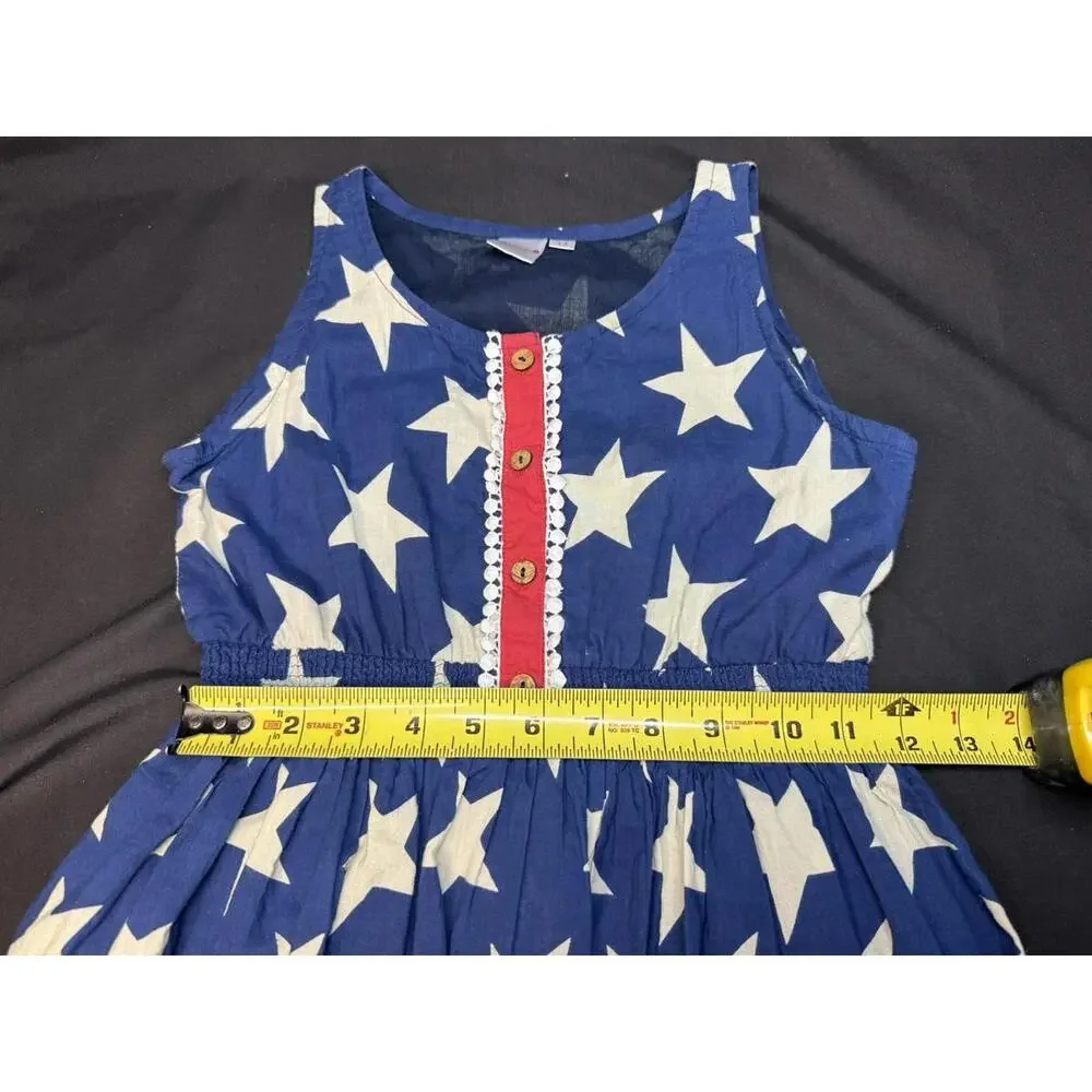 Yo Baby Dress Girls 13 Blue Star Sleeveless Ruffle Hem‎ Smocked Waist Patriotic
